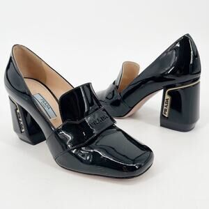 Prada Black Patent Leather Logo Heel Square Toe Loafer Pumps Women’s IT 36.5